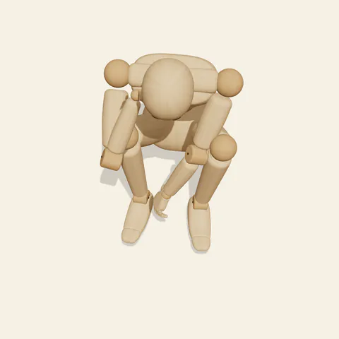 Chin-in-Hand Crouch pose reference, high-angle view of a wooden drawing mannequin