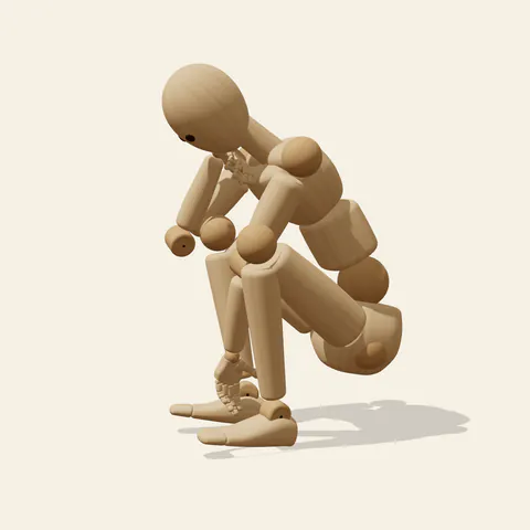 Chin-in-Hand Crouch pose reference, side view of a wooden drawing mannequin