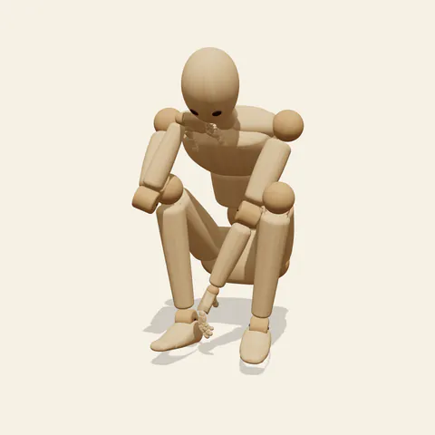 Chin-in-Hand Crouch pose reference, three-quarter view of a wooden drawing mannequin