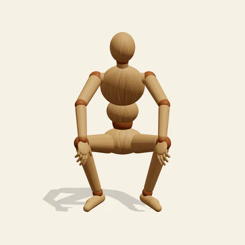 Deep Squat pose reference, front view of a wooden drawing mannequin