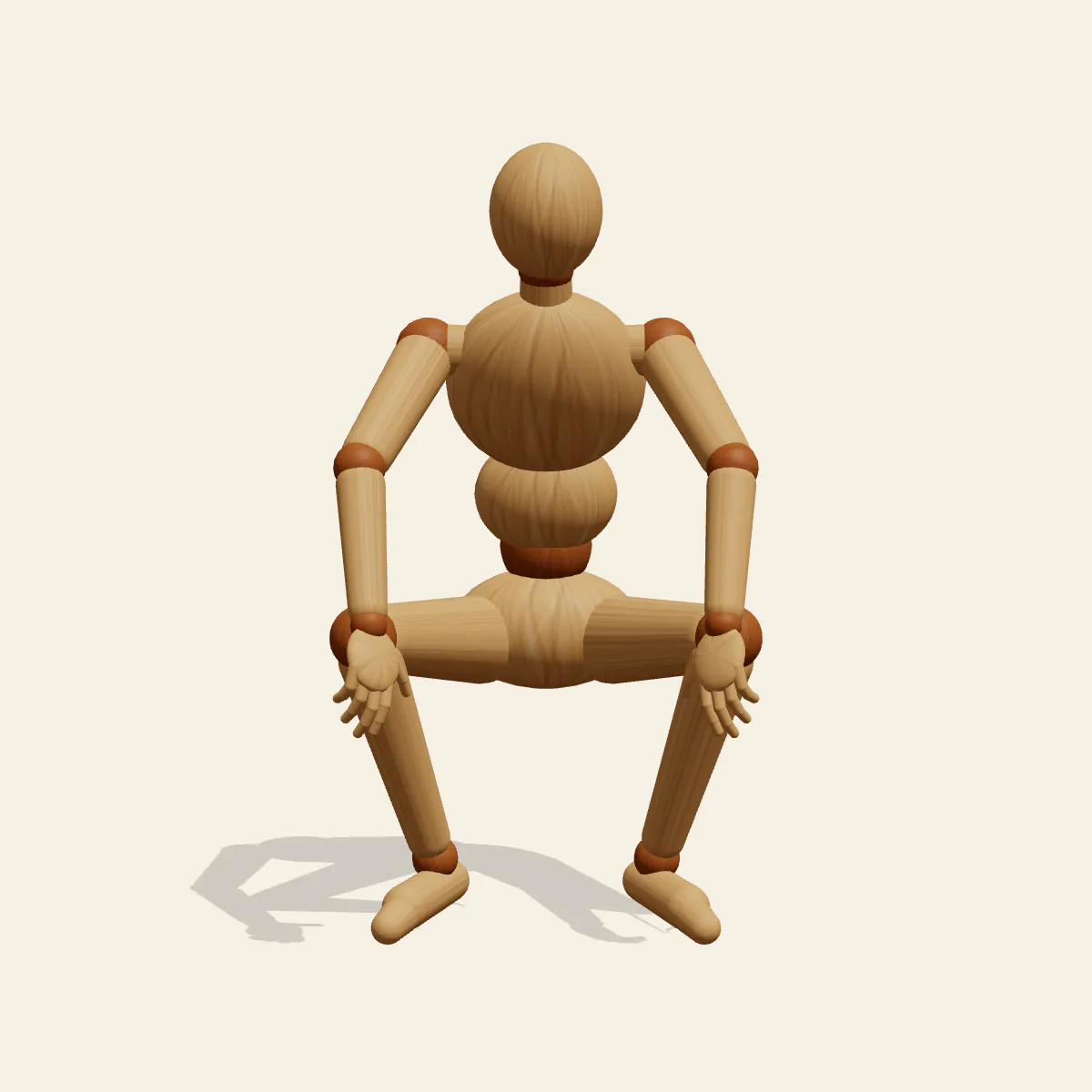 Deep Squat pose reference, front view of a wooden drawing mannequin