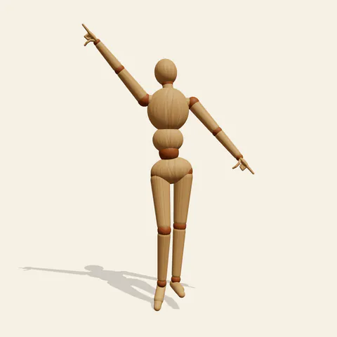 Disco Point pose reference, front view of a wooden drawing mannequin