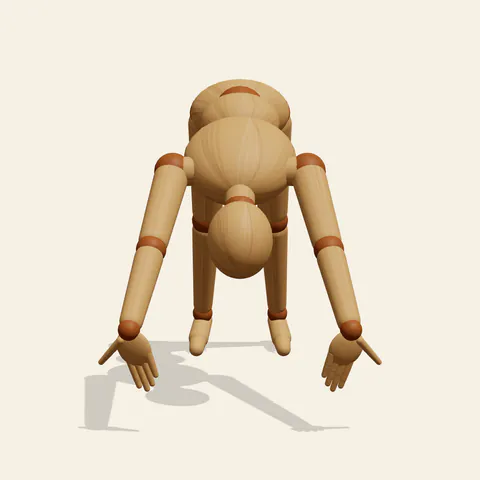 Downward Dog pose reference, front view of a wooden drawing mannequin