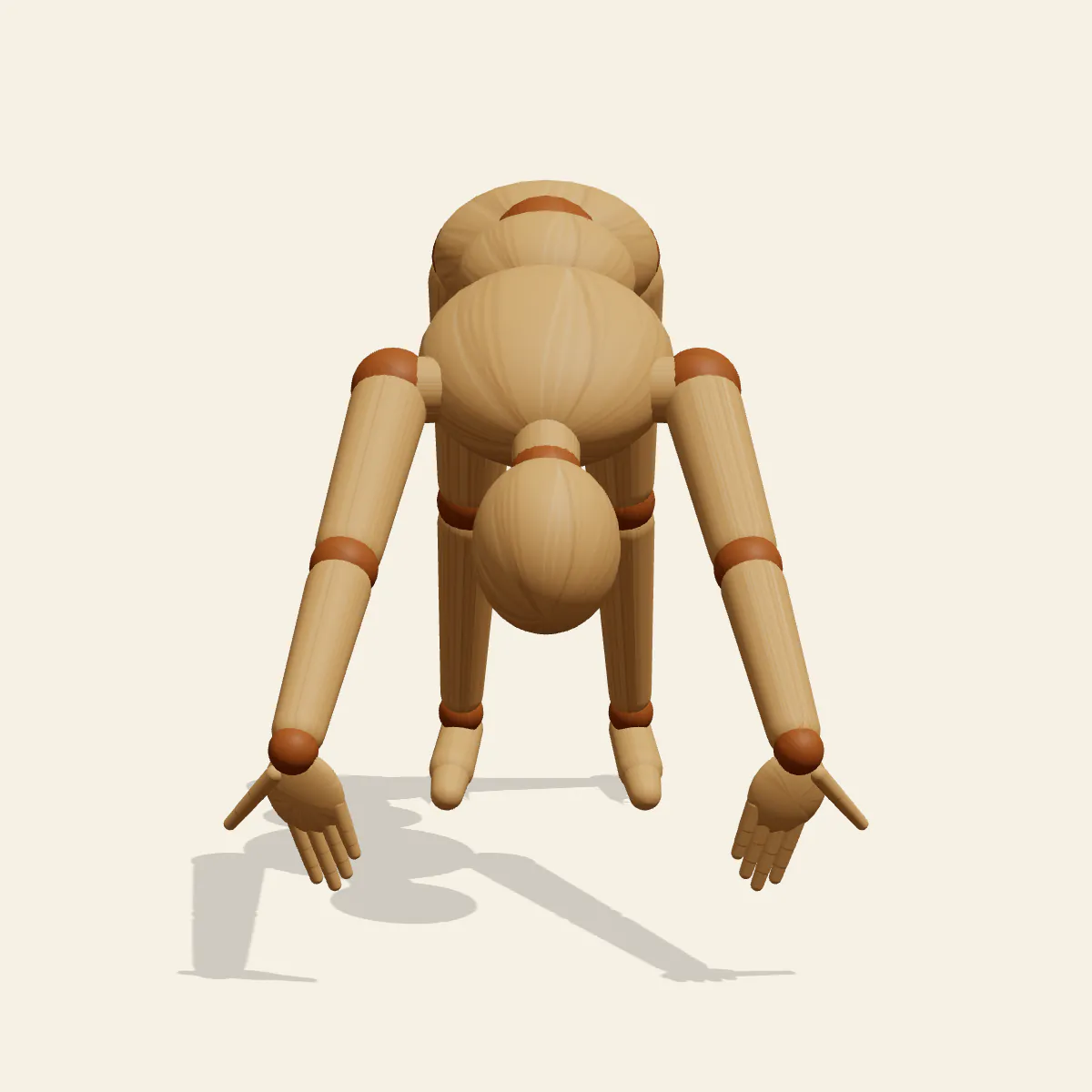 Downward Dog pose reference, front view of a wooden drawing mannequin