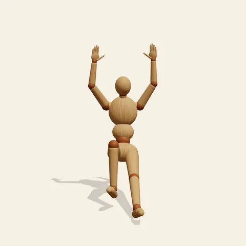 Falling Backward pose reference, front view of a wooden drawing mannequin