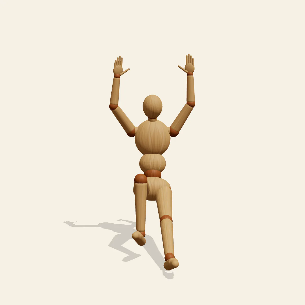 Falling Backward pose reference, front view of a wooden drawing mannequin