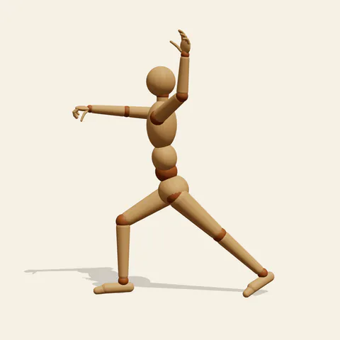 Fencing Lunge pose reference, front view of a wooden drawing mannequin