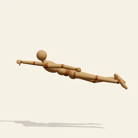 Flying Superhero pose reference, front view of a wooden drawing mannequin