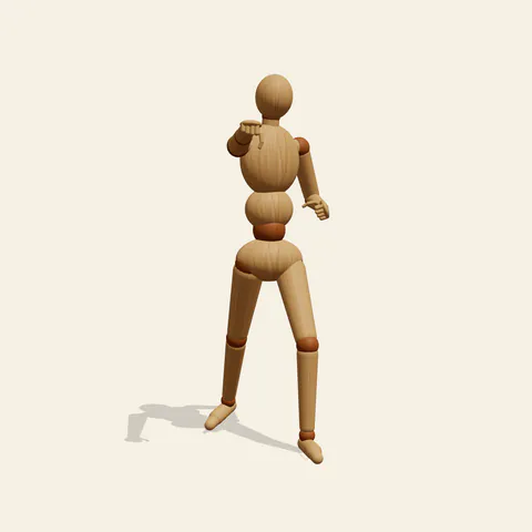 Foreshortened Punch pose reference, front view of a wooden drawing mannequin