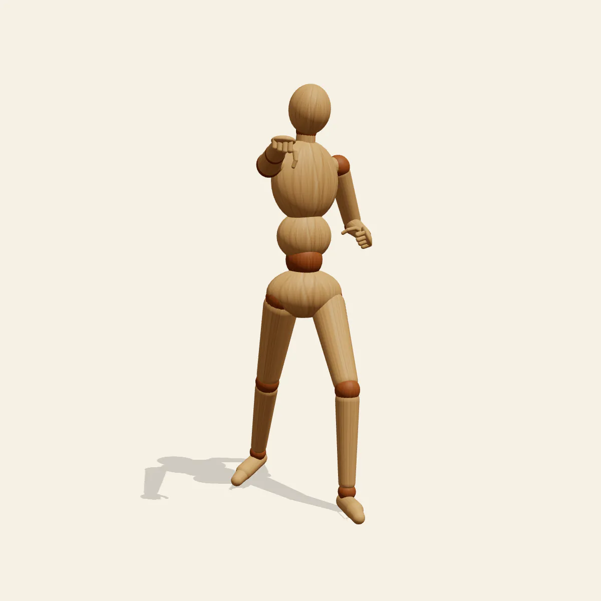 Foreshortened Punch pose reference, front view of a wooden drawing mannequin