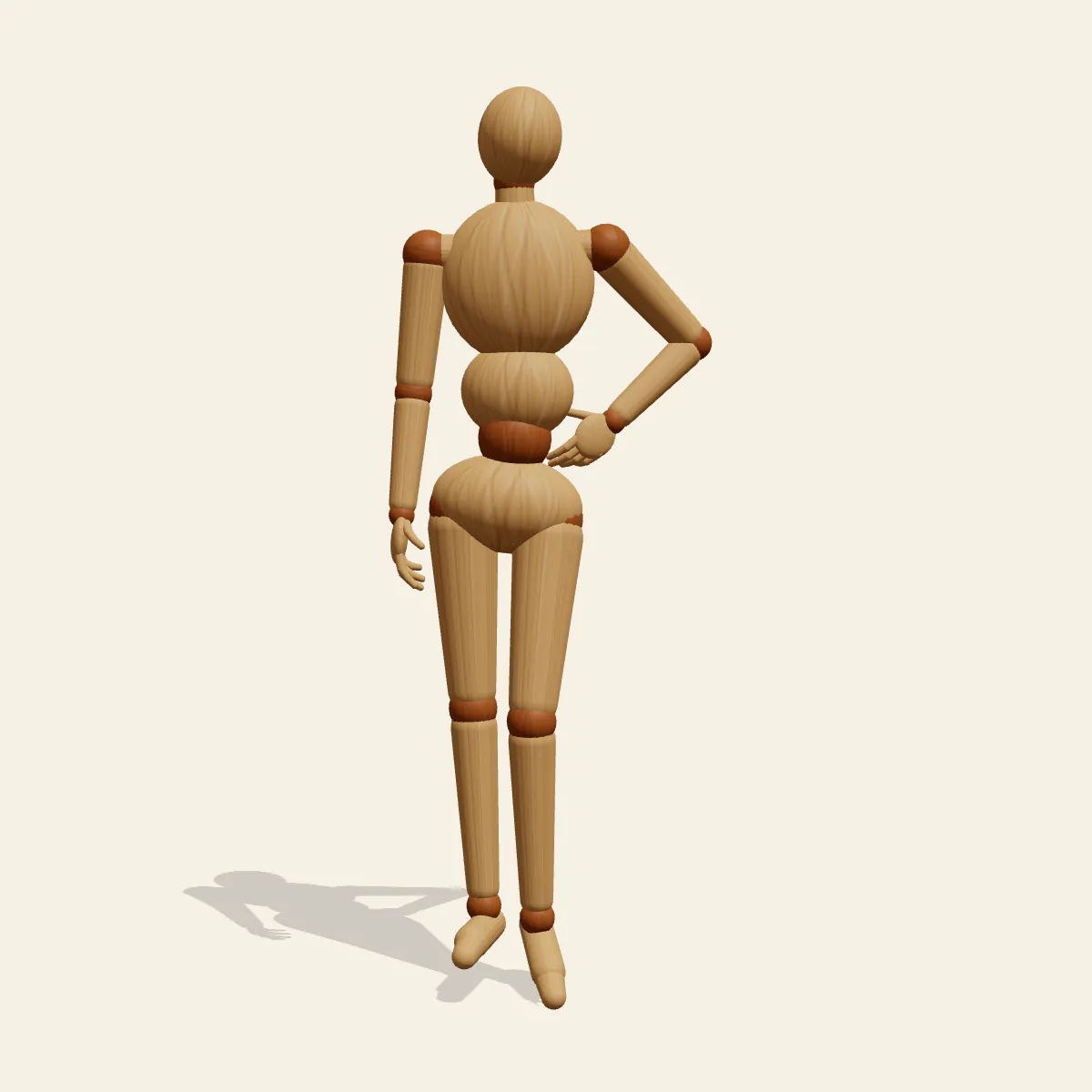 Hand on Hip pose reference, front view of a wooden drawing mannequin