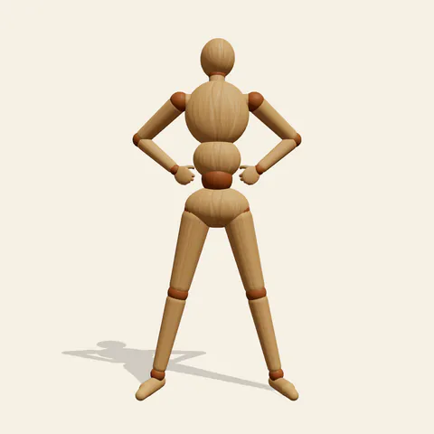 Hero Power Stance pose reference, front view of a wooden drawing mannequin