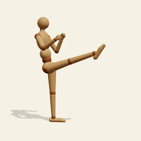 High Front Kick pose reference, front view of a wooden drawing mannequin
