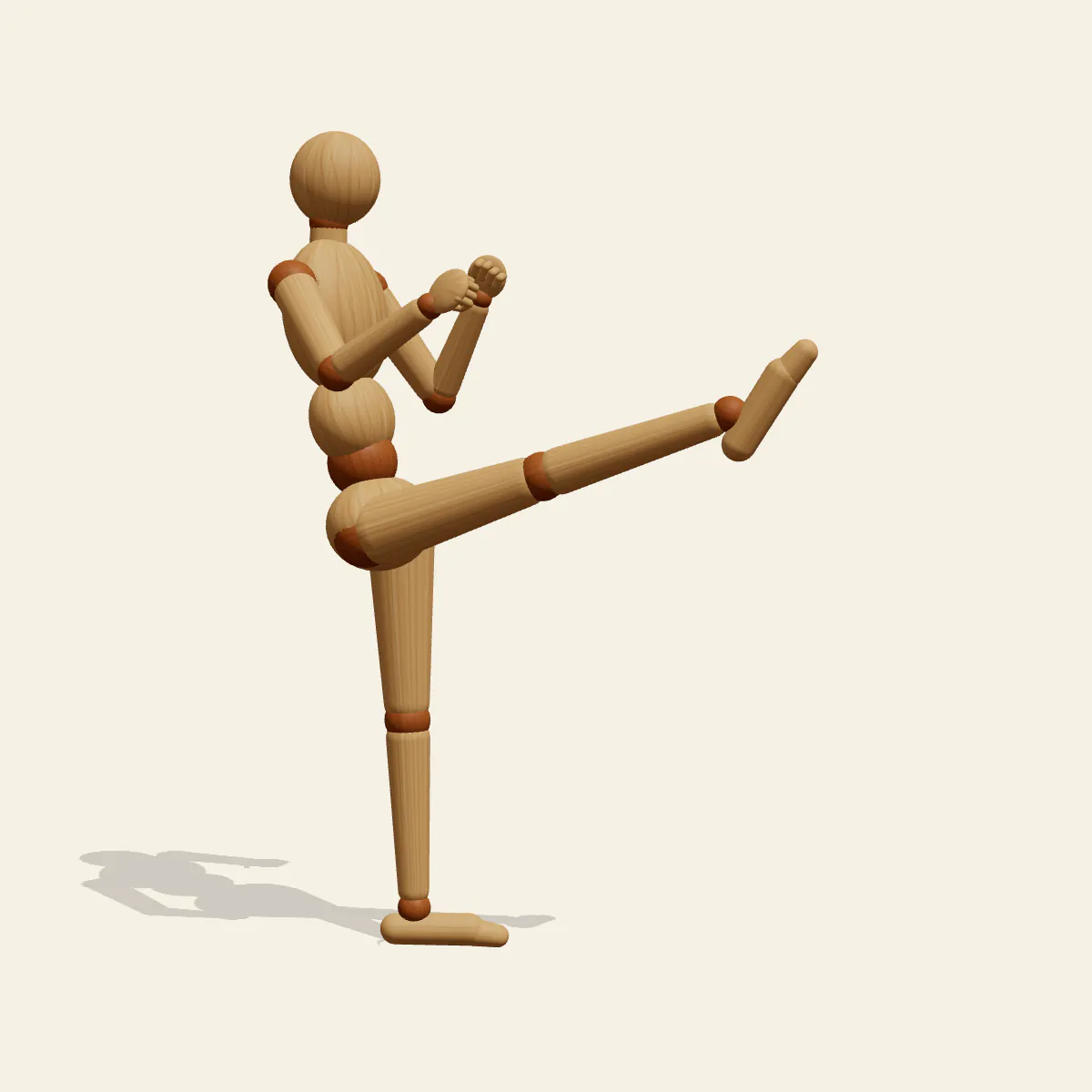 High Front Kick pose reference, front view of a wooden drawing mannequin