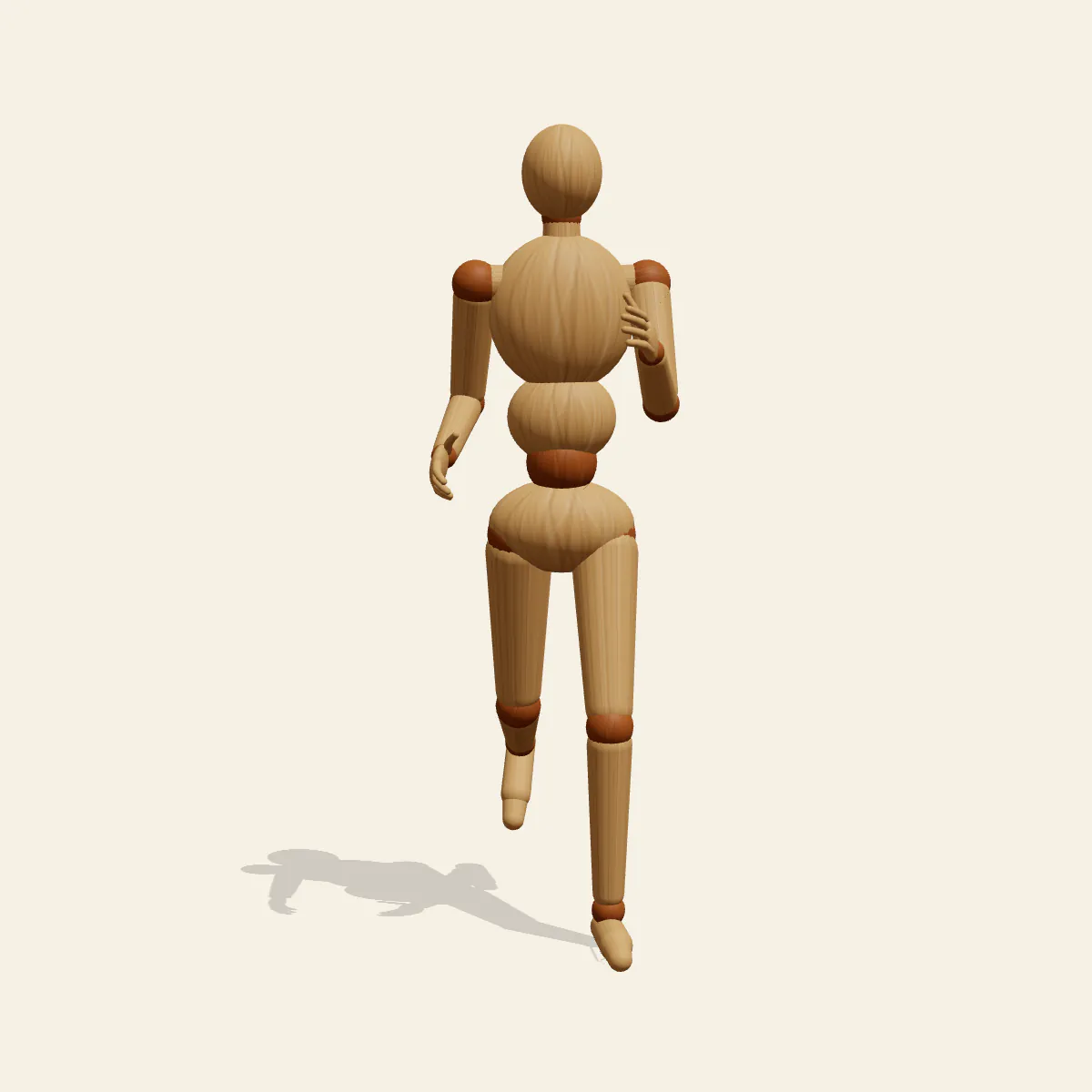 Jogging pose reference, front view of a wooden drawing mannequin