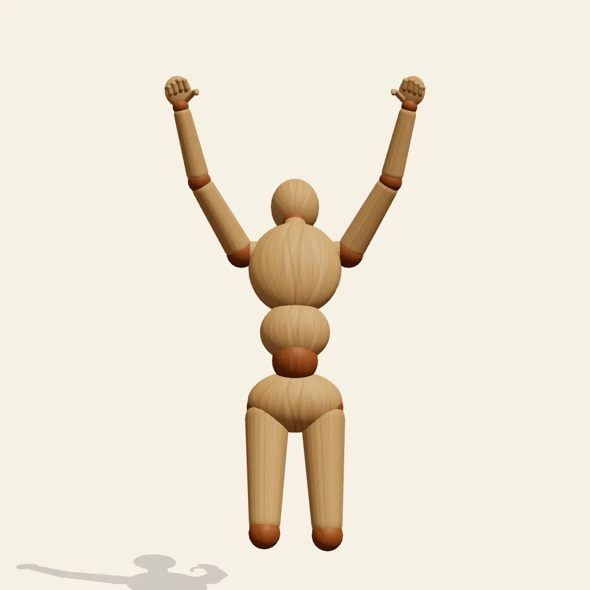 Jump for Joy pose reference, front view of a wooden drawing mannequin