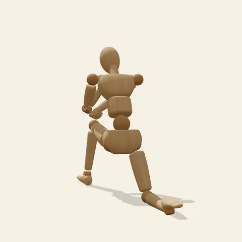 Kneeling Chin Rest pose reference, back view of a wooden drawing mannequin