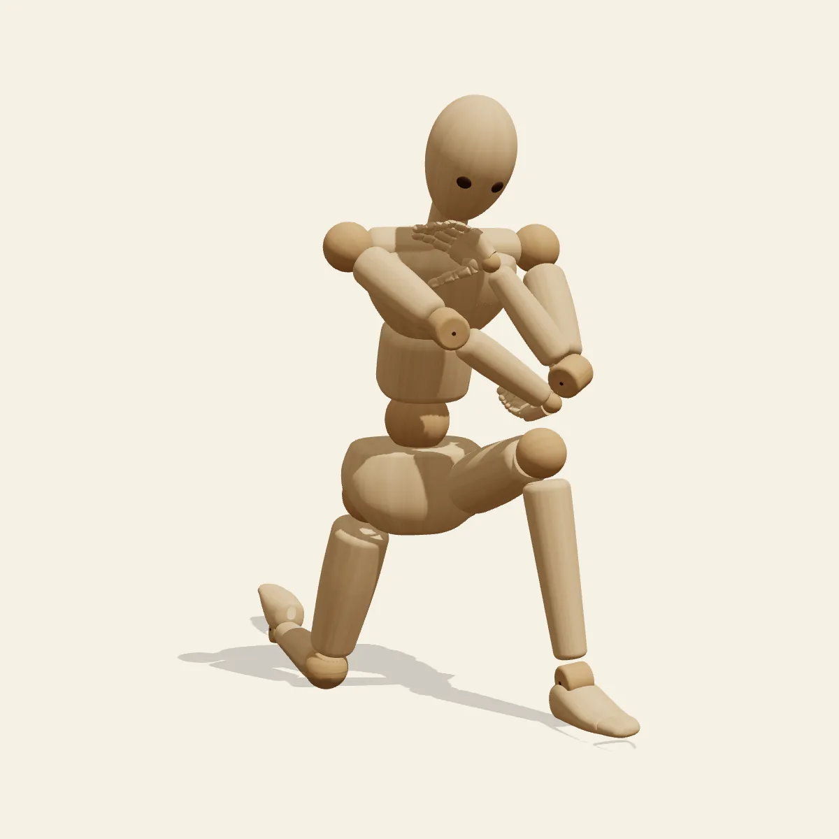 Kneeling Chin Rest pose reference, front view of a wooden drawing mannequin