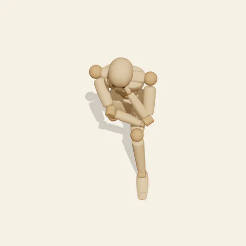 Kneeling Chin Rest pose reference, high-angle view of a wooden drawing mannequin