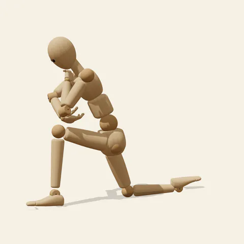 Kneeling Chin Rest pose reference, side view of a wooden drawing mannequin