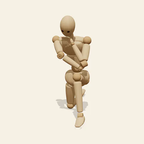 Kneeling Chin Rest pose reference, three-quarter view of a wooden drawing mannequin