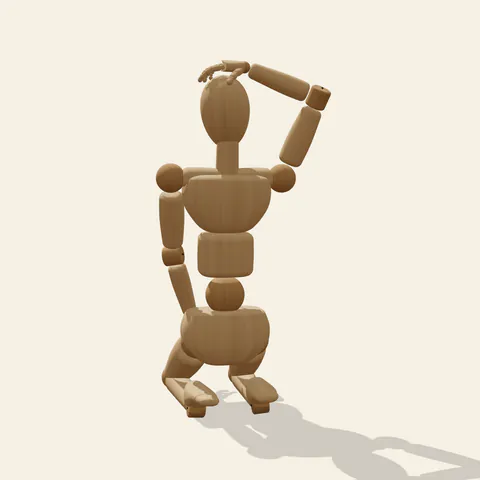 Kneeling, Hand on Head pose reference, back view of a wooden drawing mannequin