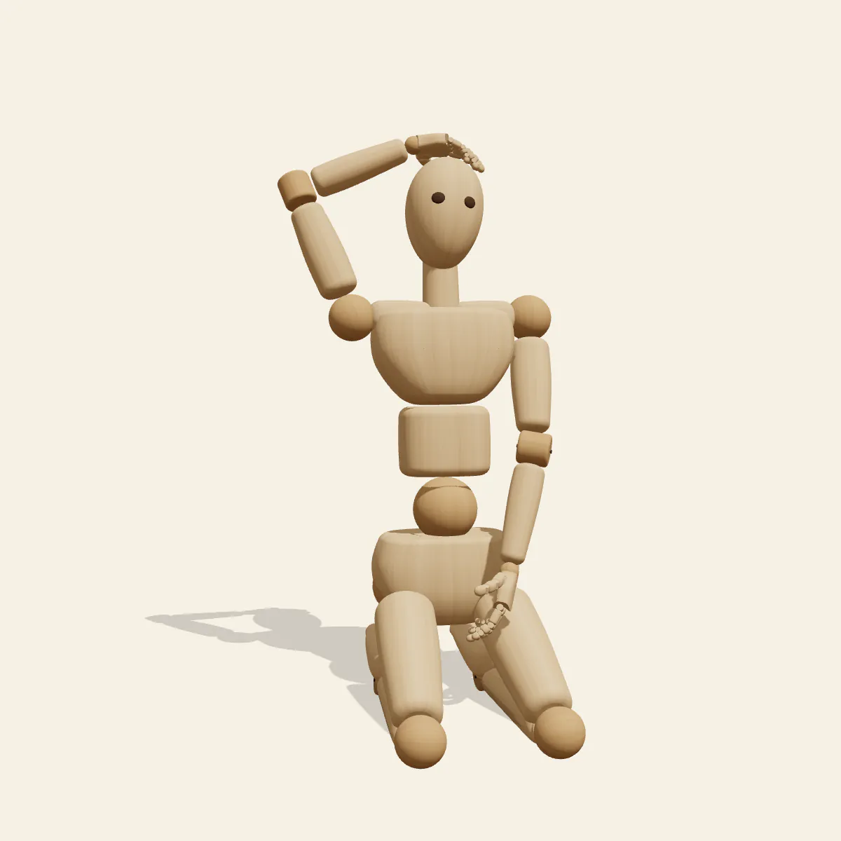 Kneeling, Hand on Head pose reference, front view of a wooden drawing mannequin