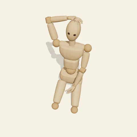 Kneeling, Hand on Head pose reference, high-angle view of a wooden drawing mannequin