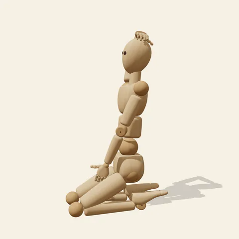 Kneeling, Hand on Head pose reference, side view of a wooden drawing mannequin