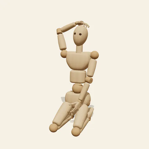 Kneeling, Hand on Head pose reference, three-quarter view of a wooden drawing mannequin