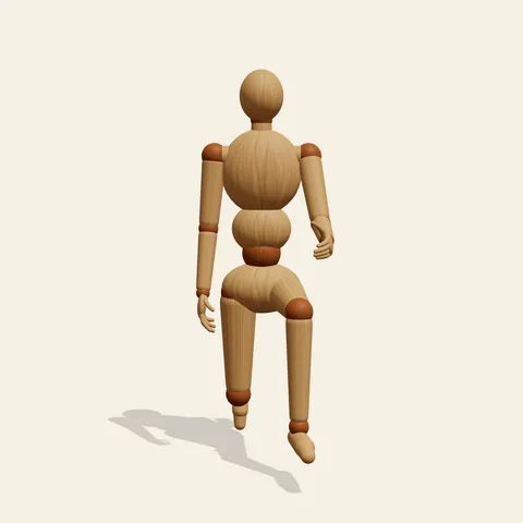 Kneeling on One Knee pose reference, front view of a wooden drawing mannequin