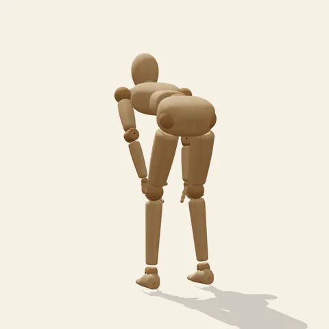 Hands-on-Knees Lean pose reference, back view of a wooden drawing mannequin