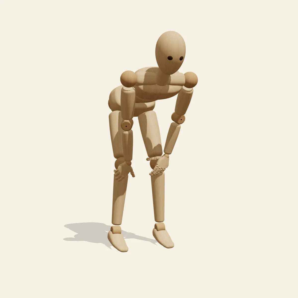 Hands-on-Knees Lean pose reference, front view of a wooden drawing mannequin