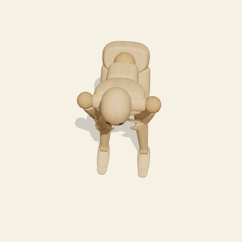 Hands-on-Knees Lean pose reference, high-angle view of a wooden drawing mannequin