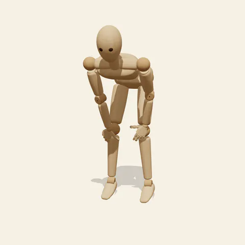 Hands-on-Knees Lean pose reference, three-quarter view of a wooden drawing mannequin