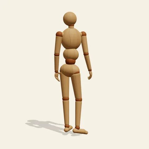Looking Over the Shoulder pose reference, front view of a wooden drawing mannequin