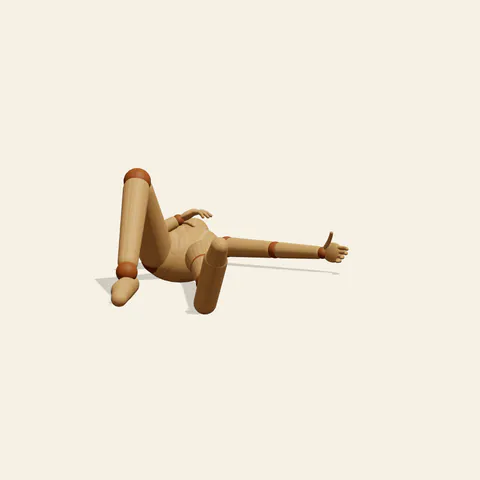 Lying on Back pose reference, front view of a wooden drawing mannequin