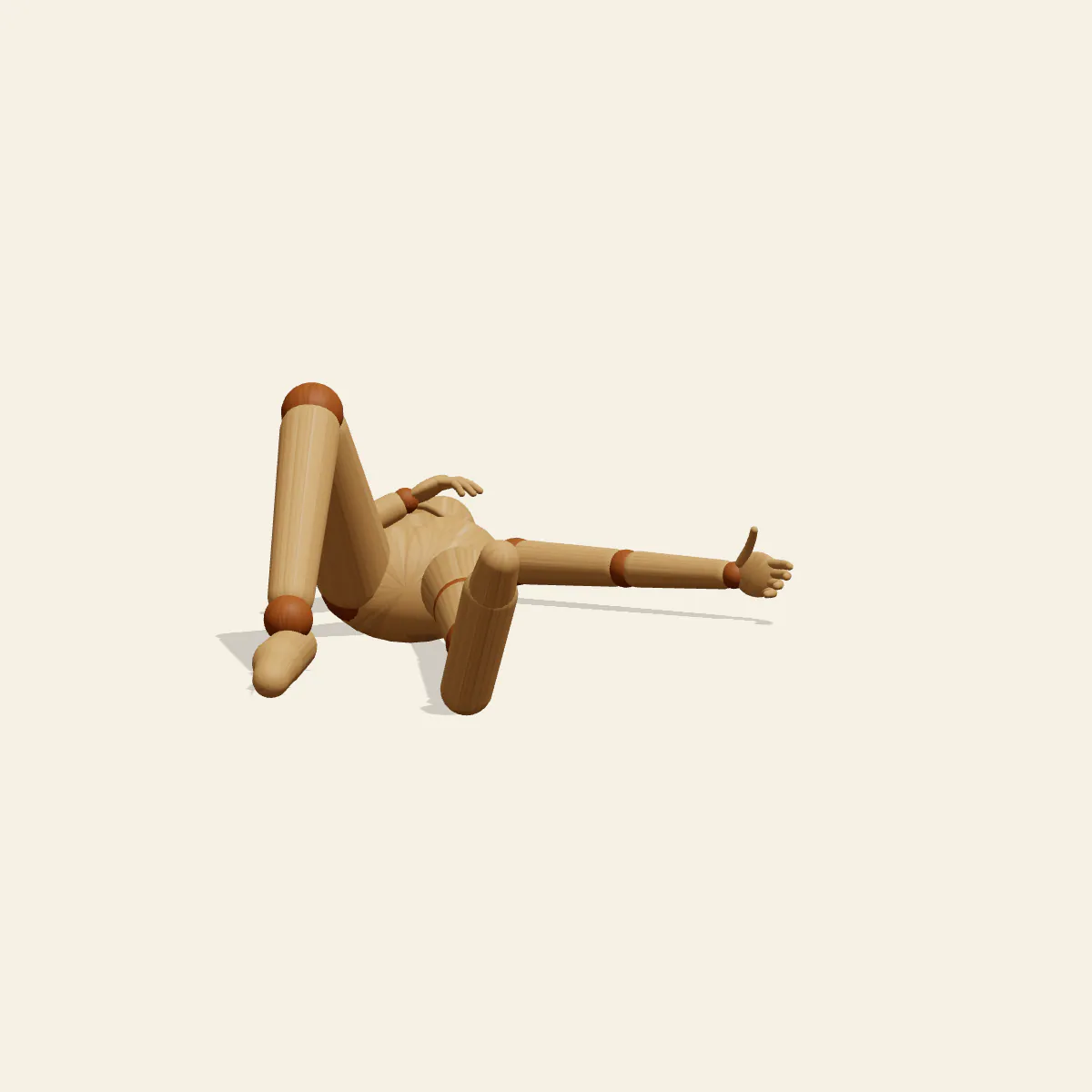 Lying on Back pose reference, front view of a wooden drawing mannequin