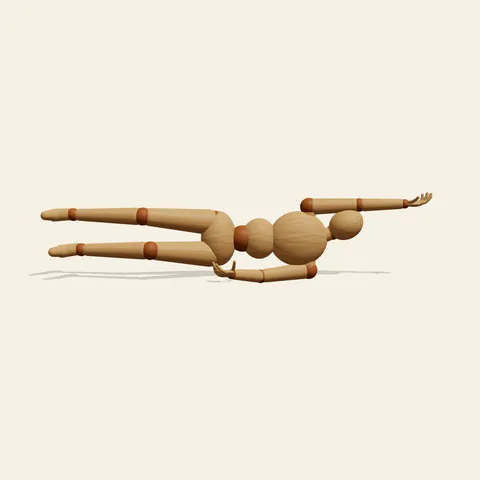 Lying on Side pose reference, front view of a wooden drawing mannequin