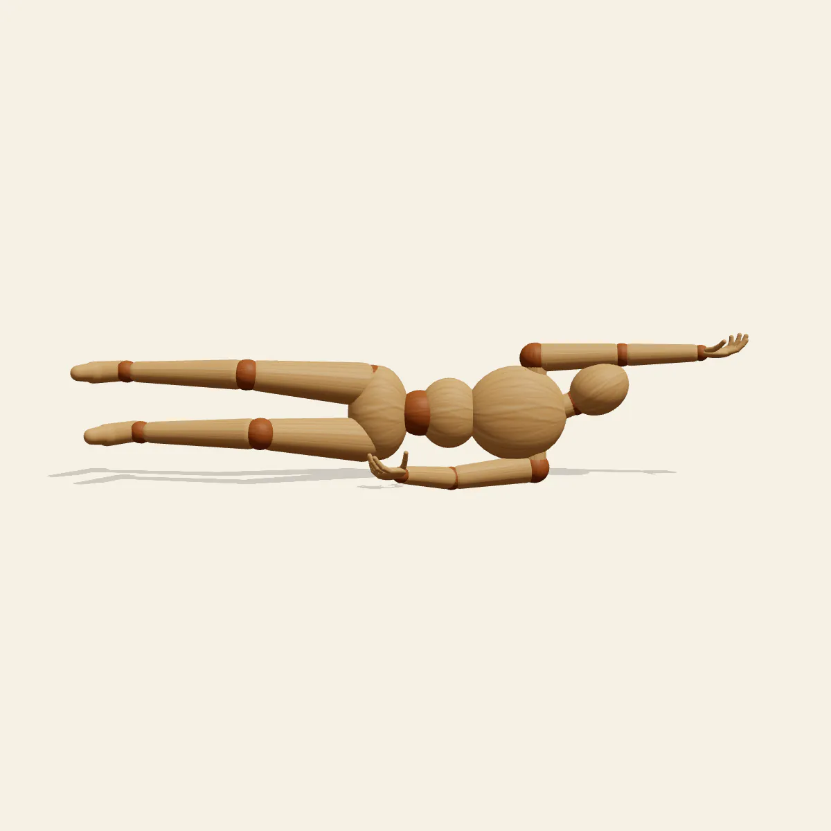 Lying on Side pose reference, front view of a wooden drawing mannequin