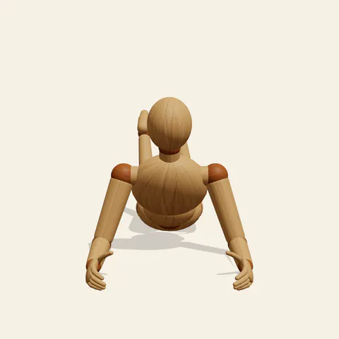 Lying on Stomach pose reference, front view of a wooden drawing mannequin