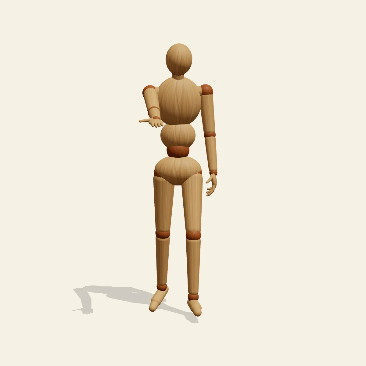 Offering a Hand pose reference, front view of a wooden drawing mannequin