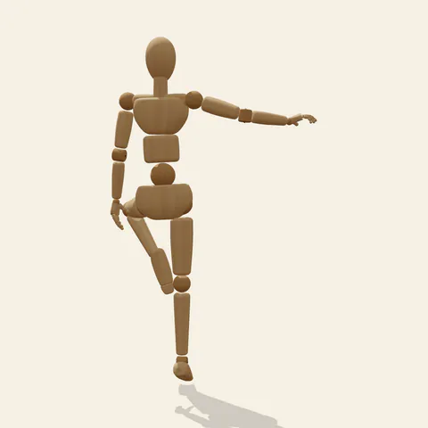 One-Leg Balance pose reference, back view of a wooden drawing mannequin