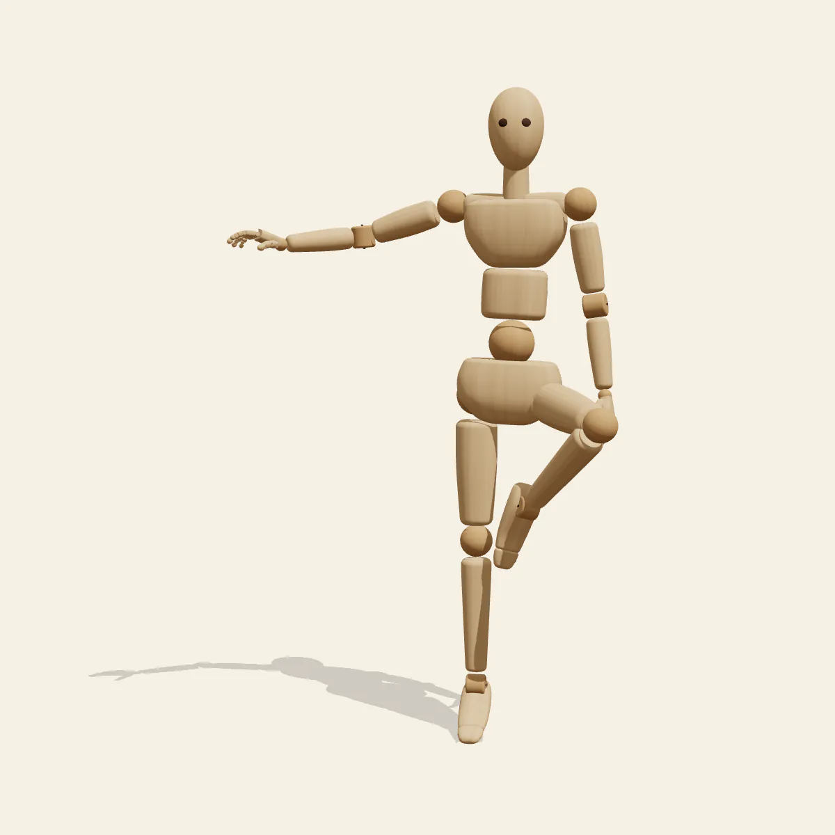One-Leg Balance pose reference, front view of a wooden drawing mannequin