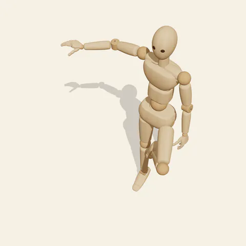One-Leg Balance pose reference, high-angle view of a wooden drawing mannequin