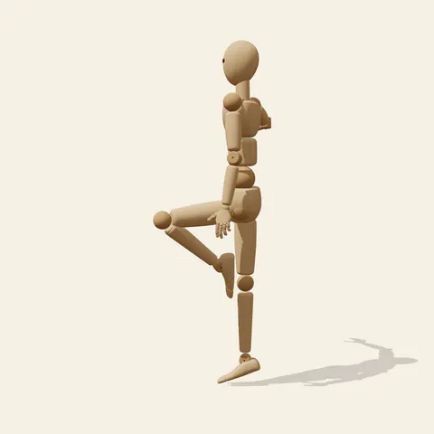 One-Leg Balance pose reference, side view of a wooden drawing mannequin