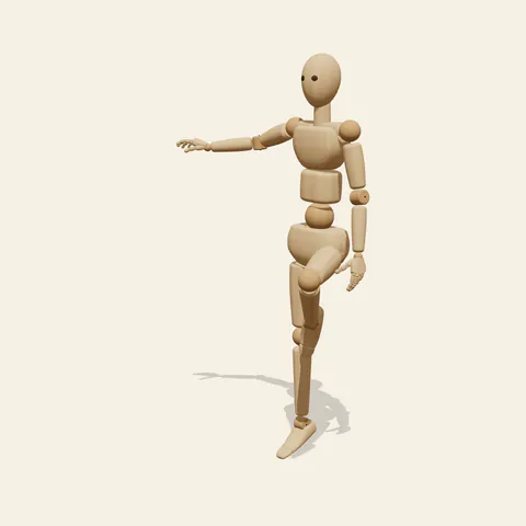 One-Leg Balance pose reference, three-quarter view of a wooden drawing mannequin