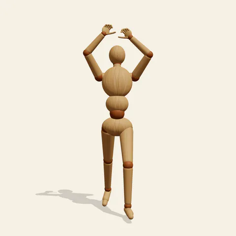 Overhead Sword Strike pose reference, front view of a wooden drawing mannequin