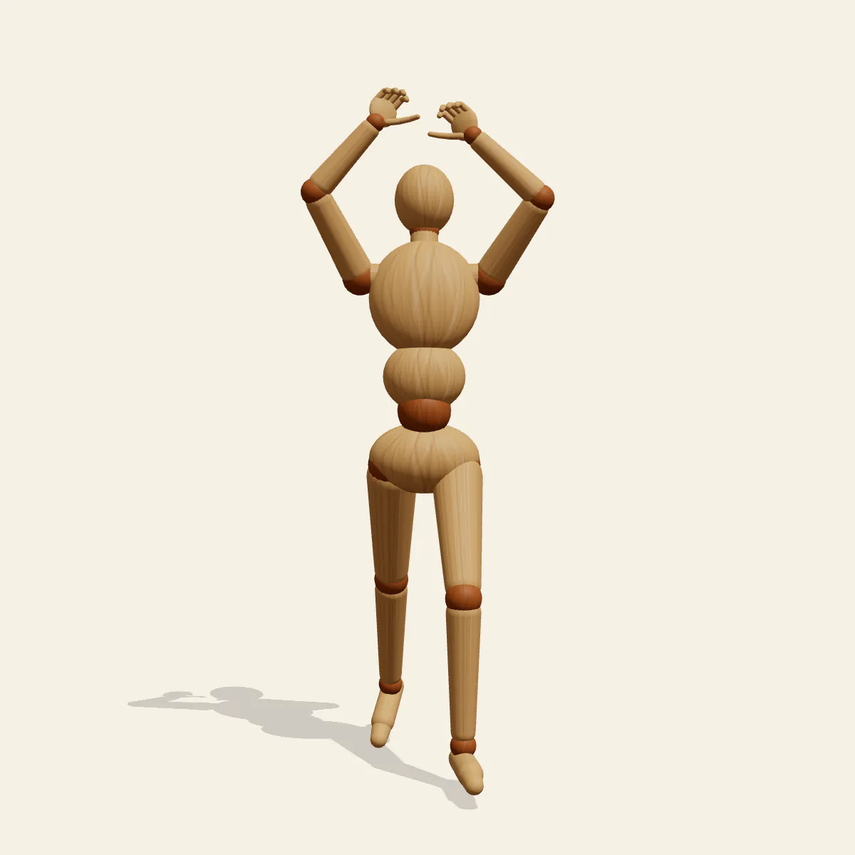 Overhead Sword Strike pose reference, front view of a wooden drawing mannequin