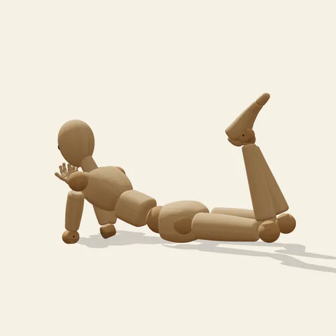 Prone Chin Rest pose reference, back view of a wooden drawing mannequin